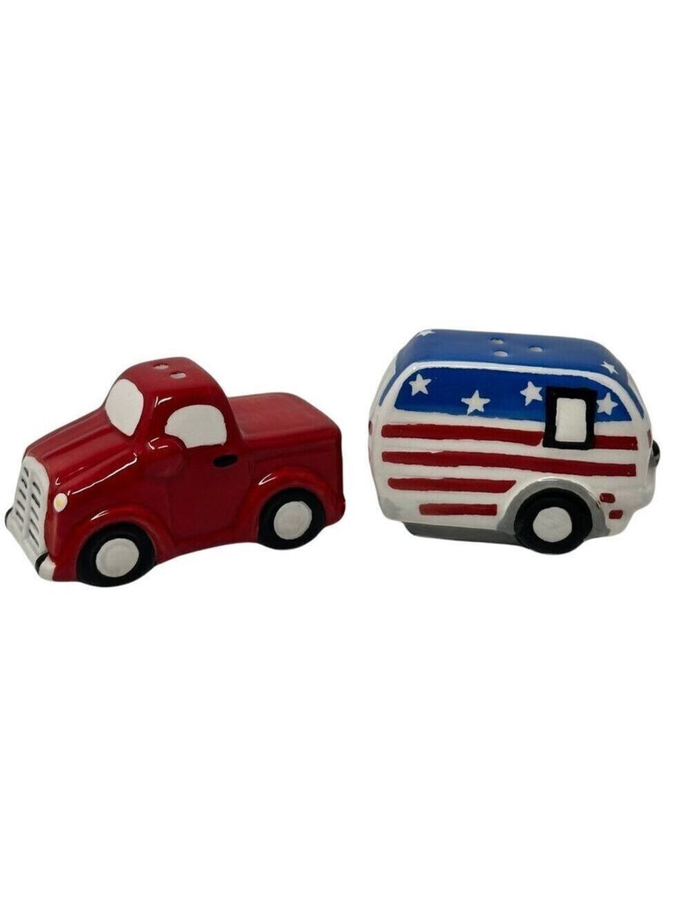 Red Truck Patriotic Summer July 4 Salt Pepper Shaker Set Camper Trailer NEW Blue